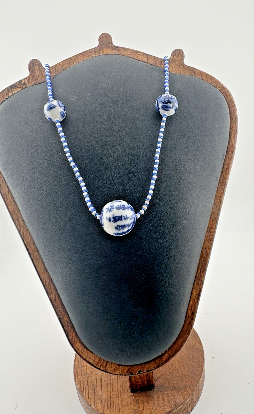 Vintage Asian Blue White Hand Painted Porcelain Hand Strung Bead Necklace 21"